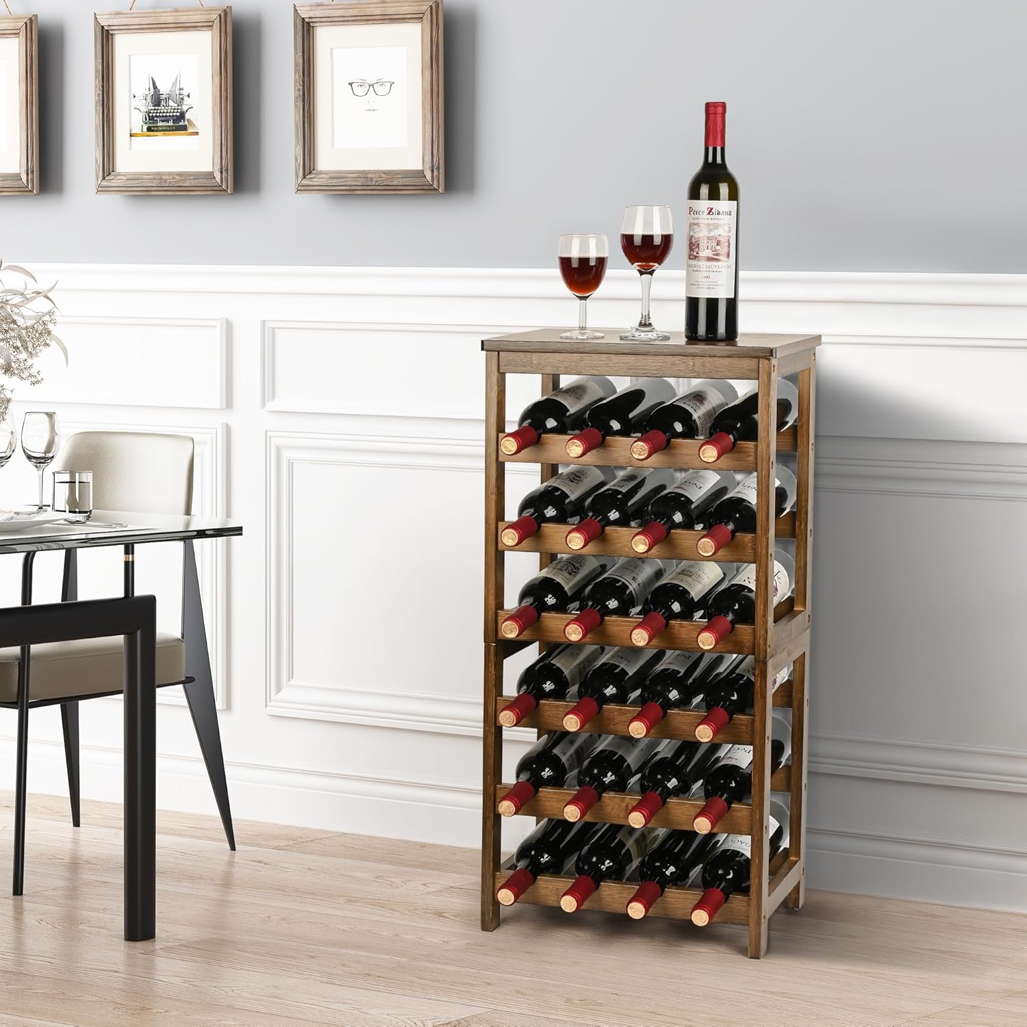 VASMIA Wine Rack Freestanding Floor, 6-Tier Display Wine Storage Shelves with Table Top, 24-Botttle Bamboo Wine Rack Shelf for Kitchen Bar Dining Room Living Room, Walnut