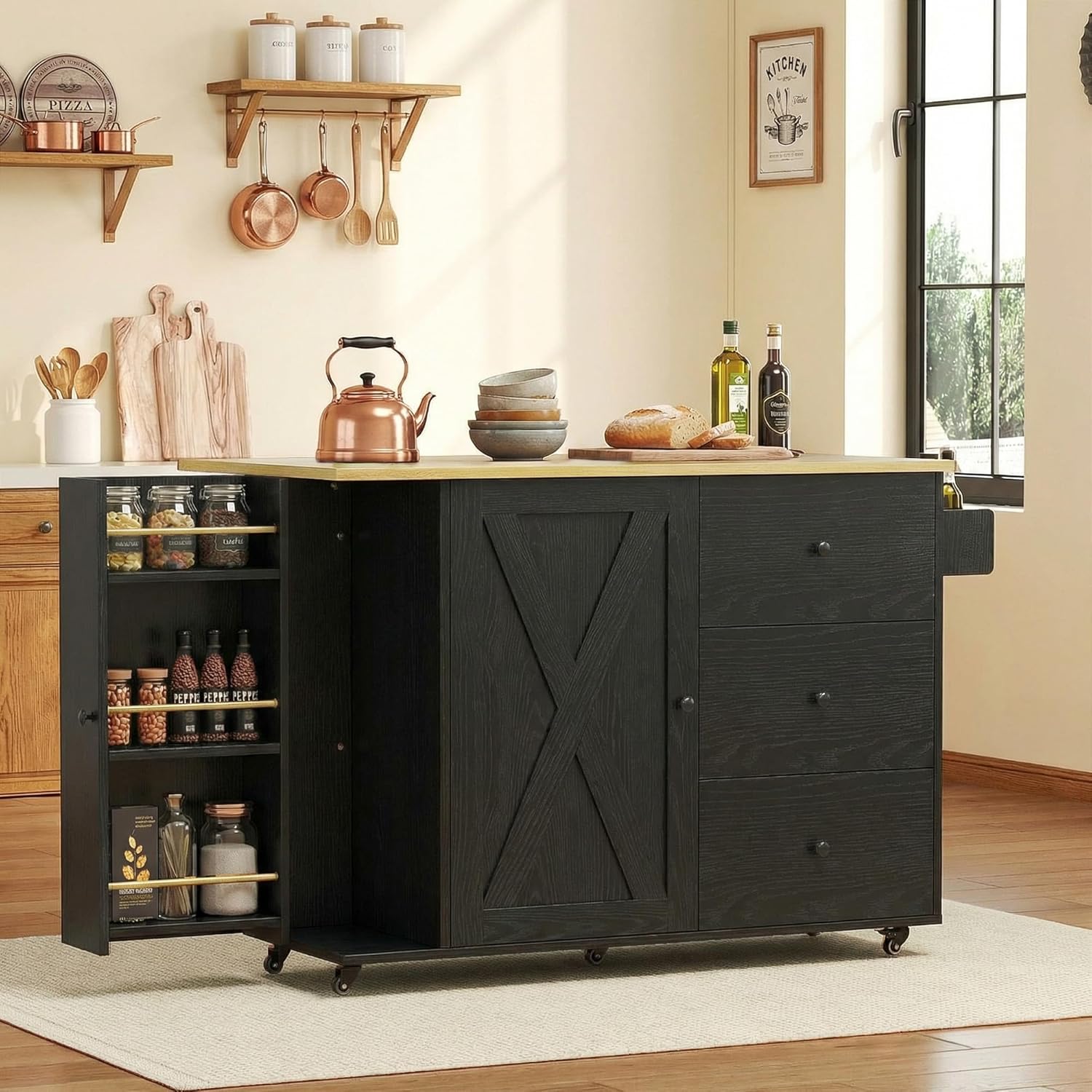 IRONCK Kitchen Island with Storage, 47.2in Rolling Island on Wheels, Kitchen Cart with Drop Leaf, 3 Spacious Drawers, Storage Cabinets and Towel Rack for Home, Dining Room
