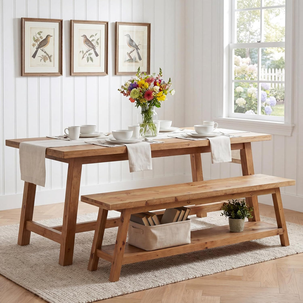 Tribesigns Farmhouse Solid Wood Dining Bench, 63-Inch Rustic Indoor Bench with Lower Storage Shelf for Dining Room, Kitchen, Living Room, Entryway, Natural Wood Finish (1)