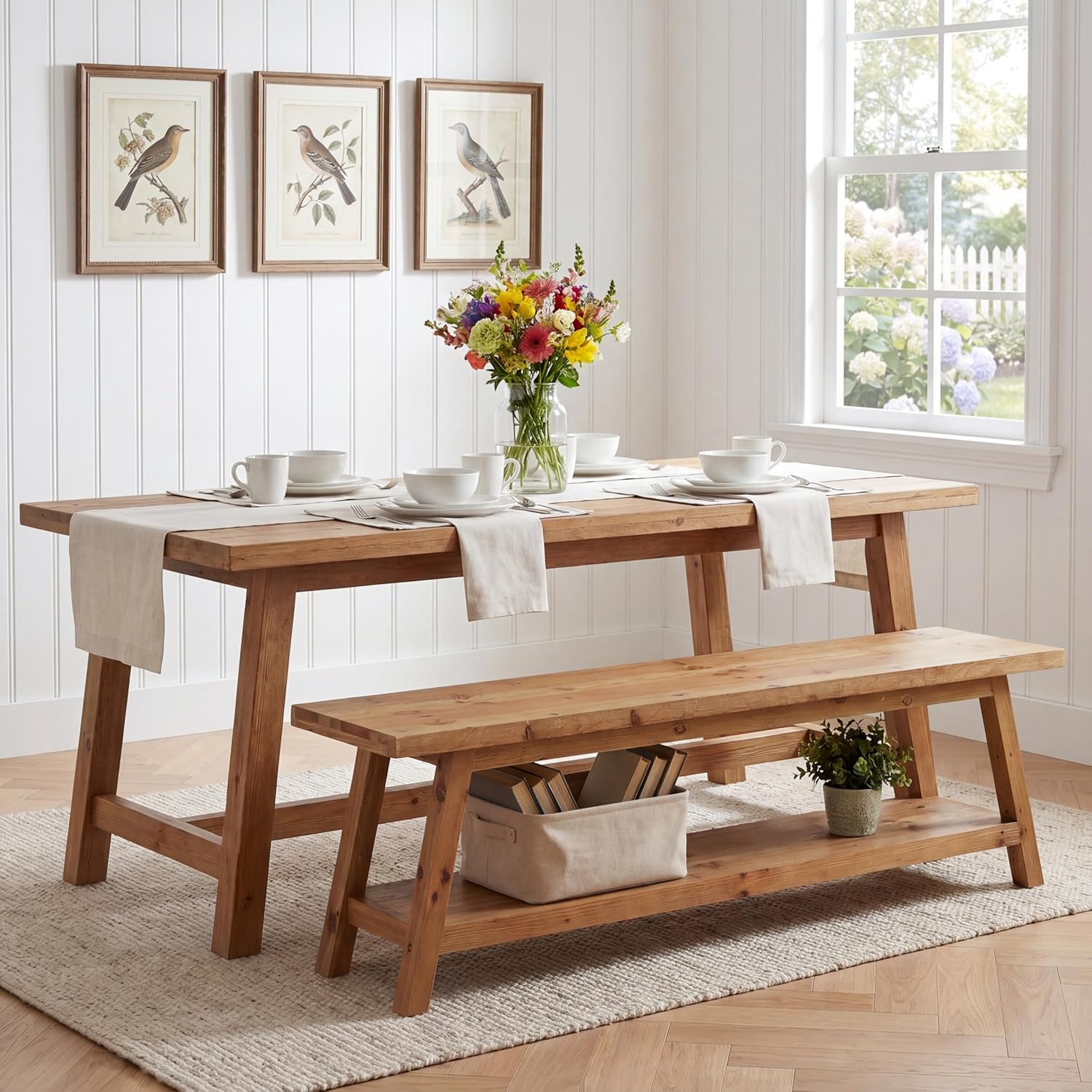 Tribesigns Farmhouse Solid Wood Dining Bench, 63-Inch Rustic Indoor Bench with Lower Storage Shelf for Dining Room, Kitchen, Living Room, Entryway, Natural Wood Finish (1)