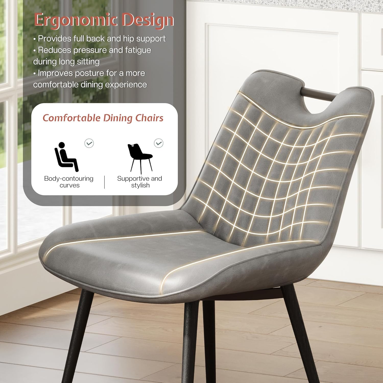 Jocisland Upholstered Faux Leather Dining Chairs Set of 4, Mid-Century Modern Kitchen & Dining Room Chairs with Curved Backrest, Cutout Handle, Metal Legs & Padded Seat, Grey