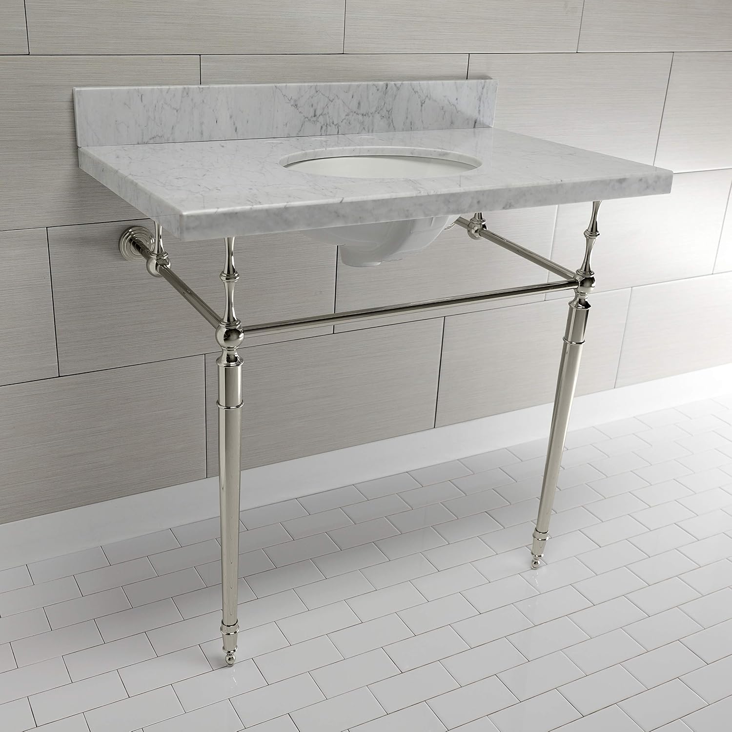 Kingston Brass KVPB3622M86 Edwardian 36" Console Sink with Brass Legs (8-Inch, 3 Hole), Marble White/Polished Nickel