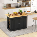 SILKYDRY Kitchen Island with Storage and Drop Leaf, Storage Cabinet with Rubber Wood Top, 2 Drawers, Adjustable Shelves, Spice Racks, Coffee Bar Table for Dining Room, Living Room (Black)