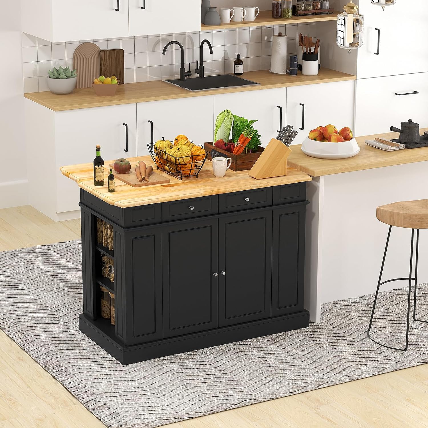 SILKYDRY Kitchen Island with Storage and Drop Leaf, Storage Cabinet with Rubber Wood Top, 2 Drawers, Adjustable Shelves, Spice Racks, Coffee Bar Table for Dining Room, Living Room (Black)