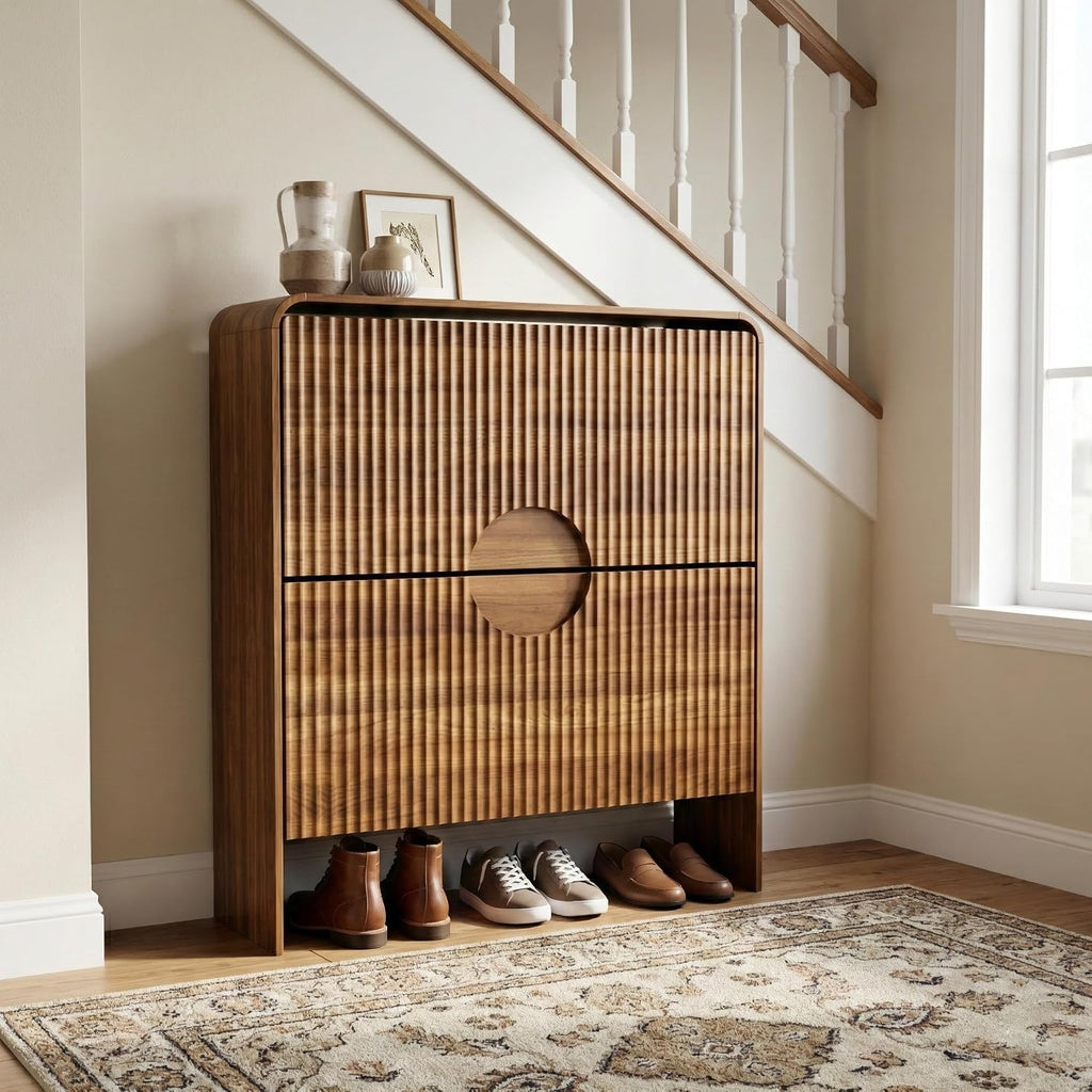 Slim Shoe Storage Cabinet for Entryway, Narrow Shoe Cabinet with 2 Tier Flip Drawers Doors, Fluted Hidden Shoe Rack Organizer for Entrance, Entry Way, Foyer, Hallway, Walnut