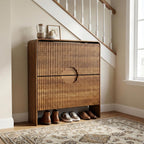 Slim Shoe Storage Cabinet for Entryway, Narrow Shoe Cabinet with 2 Tier Flip Drawers Doors, Fluted Hidden Shoe Rack Organizer for Entrance, Entry Way, Foyer, Hallway, Walnut