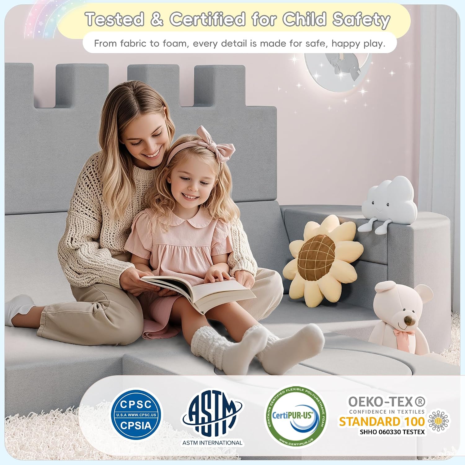Betterhood 16pcs Modular Kids Play Couch, 1000+DIY Versatile Child Sectional Sofa for Playroom Bedroom, Convertible Foam Cushion for Boys & Girls, Grey