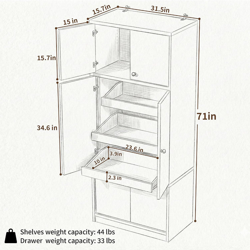 71" Tall Kitchen Pantry Cabinet - Walnut Wood Storage Cabinet with 6 Doors and Adjustable Shelves, Freestanding Kitchen Storage Cabinets with Open Drawers for Kitchen Dining Room Living Room