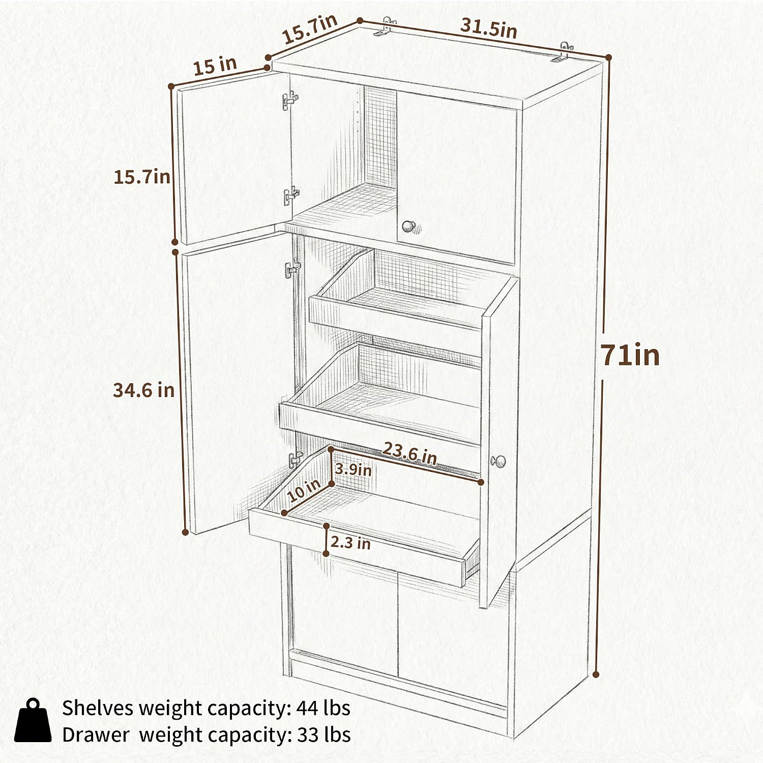 71" Tall Kitchen Pantry Cabinet - Walnut Wood Storage Cabinet with 6 Doors and Adjustable Shelves, Freestanding Kitchen Storage Cabinets with Open Drawers for Kitchen Dining Room Living Room