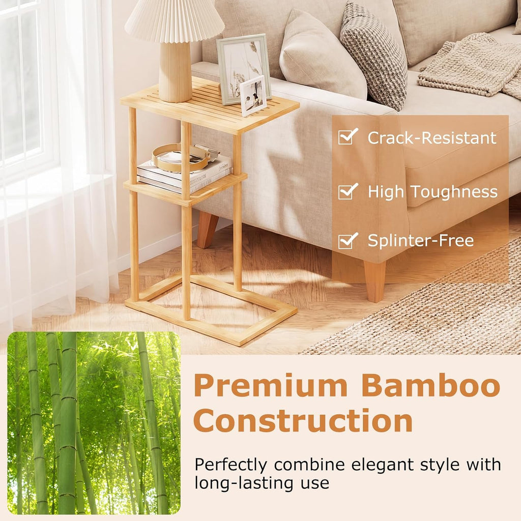 Giantex Bamboo Side Table Set of 2, 3-Tier Narrow End Table with Storage Shelves, Accent Sofa Couch Bedside Table, Boho Night Stand for Living Room Bedroom Small Spaces (16’’L x 11’’W x 25.5’’H)