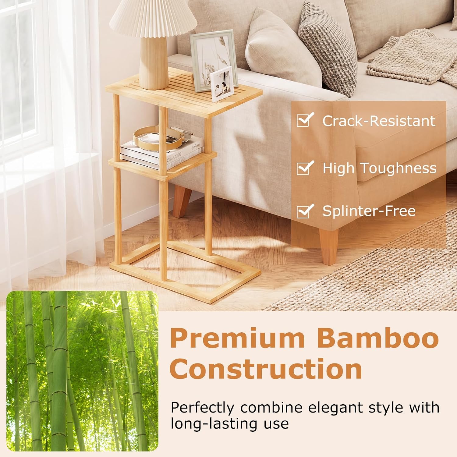 Giantex Bamboo Side Table Set of 2, 3-Tier Narrow End Table with Storage Shelves, Accent Sofa Couch Bedside Table, Boho Night Stand for Living Room Bedroom Small Spaces (16’’L x 11’’W x 25.5’’H)