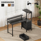 HLDIRECT 44 inch Gaming Desk with 3 Fabric Drawers & Side Hooks-Reversible Home Office Computer Desk with Power Outlets & Led Lights, Gamer Desk Table with Monitor Stand, Black