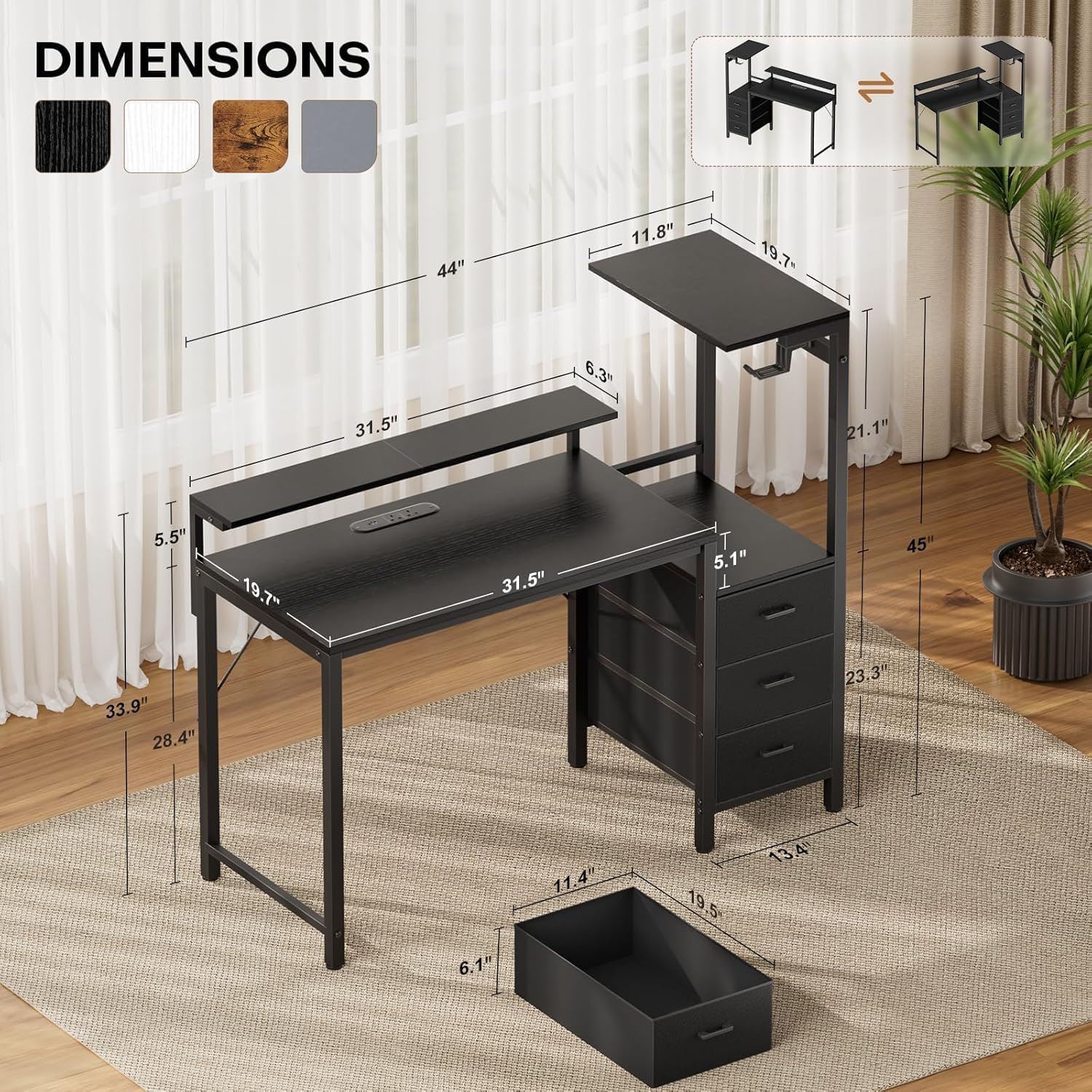 HLDIRECT 44 inch Gaming Desk with 3 Fabric Drawers & Side Hooks-Reversible Home Office Computer Desk with Power Outlets & Led Lights, Gamer Desk Table with Monitor Stand, Black