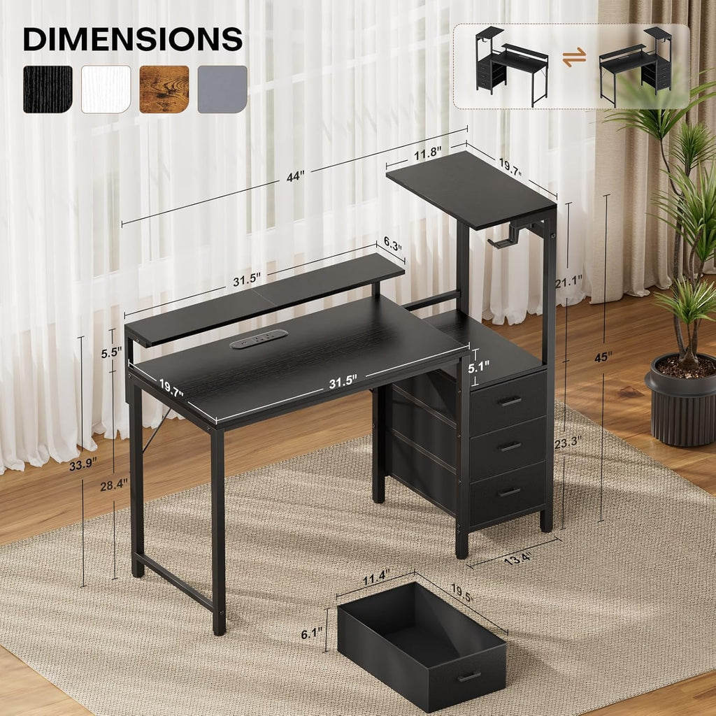 HLDIRECT 44 inch Gaming Desk with 3 Fabric Drawers & Side Hooks-Reversible Home Office Computer Desk with Power Outlets & Led Lights, Gamer Desk Table with Monitor Stand, Black