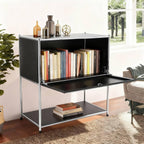 Modern Metal Side Table with Drop-Door & Open Shelf, 27.5" Height Silver & Orange Storage Cabinet for Living Room, Bedroom, Office - Nightstand, Bookshelf, for Small Spaces, Apartments & Dorms(Black)