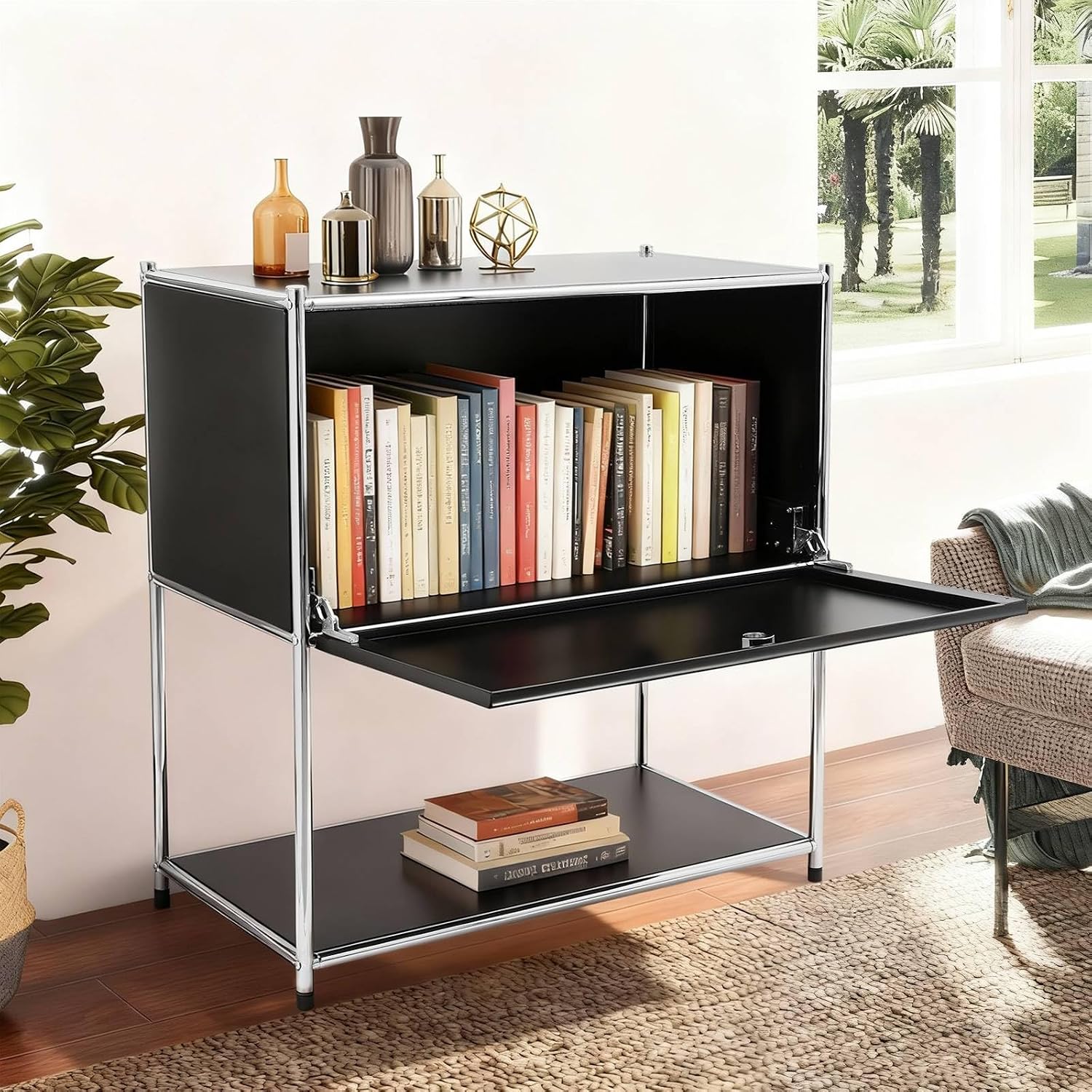 Modern Metal Side Table with Drop-Door & Open Shelf, 27.5" Height Silver & Orange Storage Cabinet for Living Room, Bedroom, Office - Nightstand, Bookshelf, for Small Spaces, Apartments & Dorms(Black)