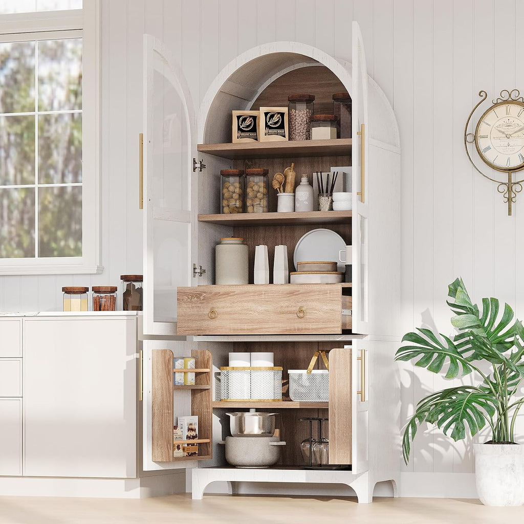 71" Tall Arched Freestanding Cupboard with 4 Doors & Door Shelves, Farmhouse Kitchen Pantry Storage Cabinet with Adjustable Shelves, Hidden Drawer & Glass Door for Kitchen, Dining Room