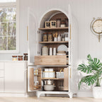 71" Tall Arched Freestanding Cupboard with 4 Doors & Door Shelves, Farmhouse Kitchen Pantry Storage Cabinet with Adjustable Shelves, Hidden Drawer & Glass Door for Kitchen, Dining Room