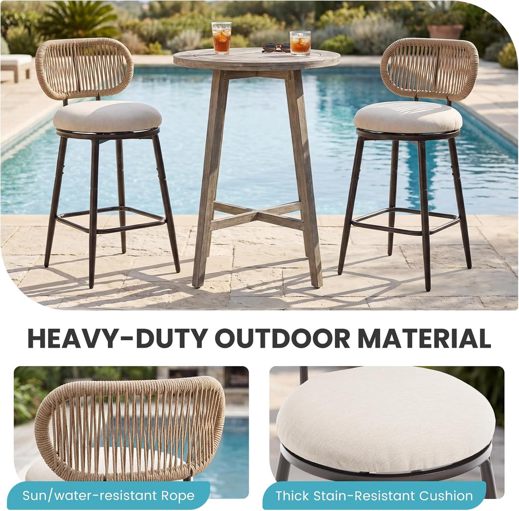 Outdoor Swivel Counter Bar Stools Set of 4, 360° Woven Rope Bar Chairs with Cushioned Seat & Metal Frame, Modern Farmhouse Counter Stools for Patio & Bar Area, Beige