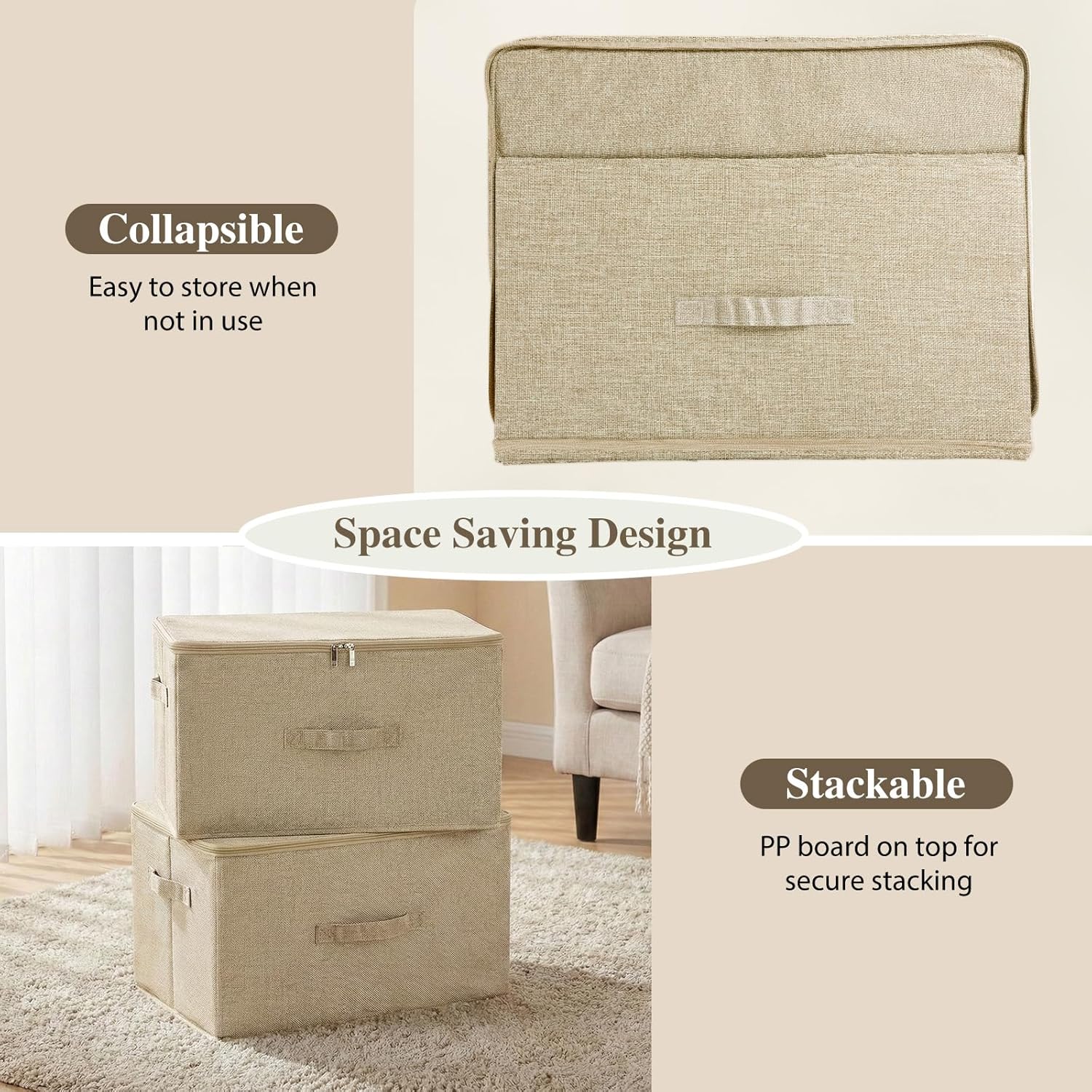 ANMINY 2PCS Storage Bins with Zipper Lids 36 Qt Lidded Fabric Storage Boxes Baskets Cubes with Handles Collapsible Washable Cotton Linen Closet Shelf Clothes Organizer Containers - Beige, Large