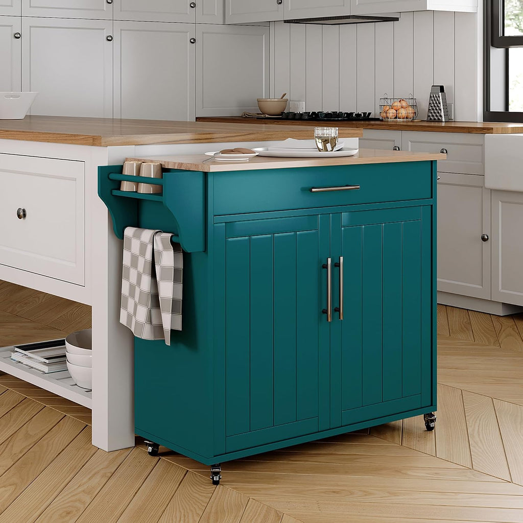 Kitchen Island with Storage, Wooden Countertop Rolling Kitchen Island On Wheels Storage Cabinet, Mobile Kitchen Island Cart with Towel Rack, Spice Rack and Drawers,Green