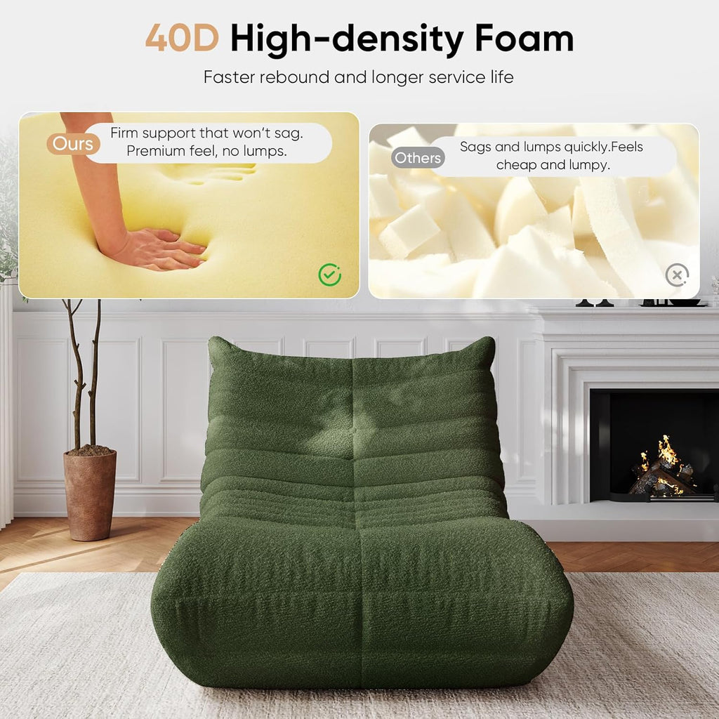 Giant Bean Bag Chairs for Adults Teen Reading Chair Togo Sofa Boneless Floor Couch Comfy Memory Foam Teddy Fleece BeanBag Fireside Lounge Chair for Living Room Bedroom, Green, 1 Seater