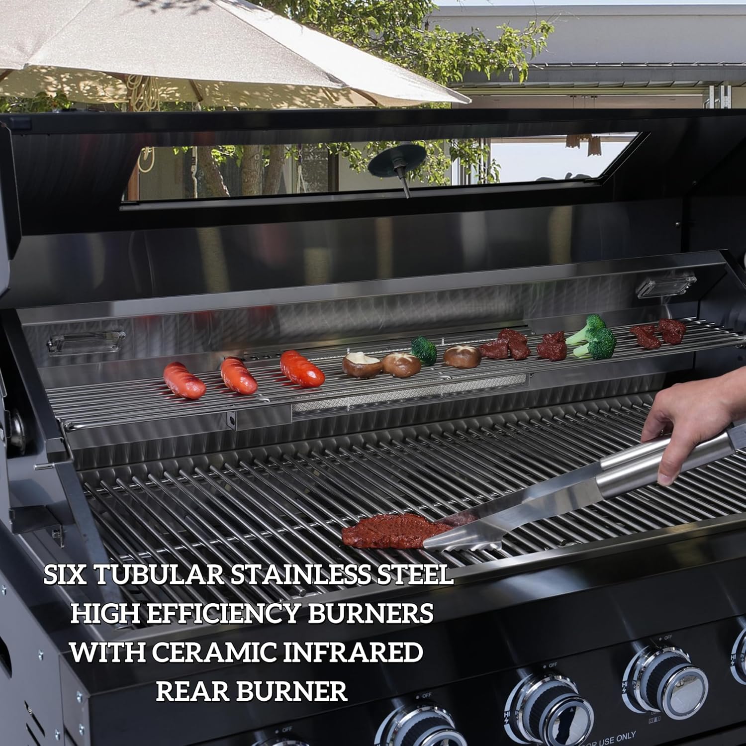 46-Inch Outdoor Kitchen Island Gas Grill with Refrigerator, 4-Burner Stainless Steel BBQ Grill Station with Side Burner, Rotisserie Kit & Granite Countertop