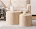 CIMOTA Round Wood Nesting Coffee Table Set of 2, Modern Circle Travertine End Side Table Sets for Living Room, Light Wooden Color/No Assembling