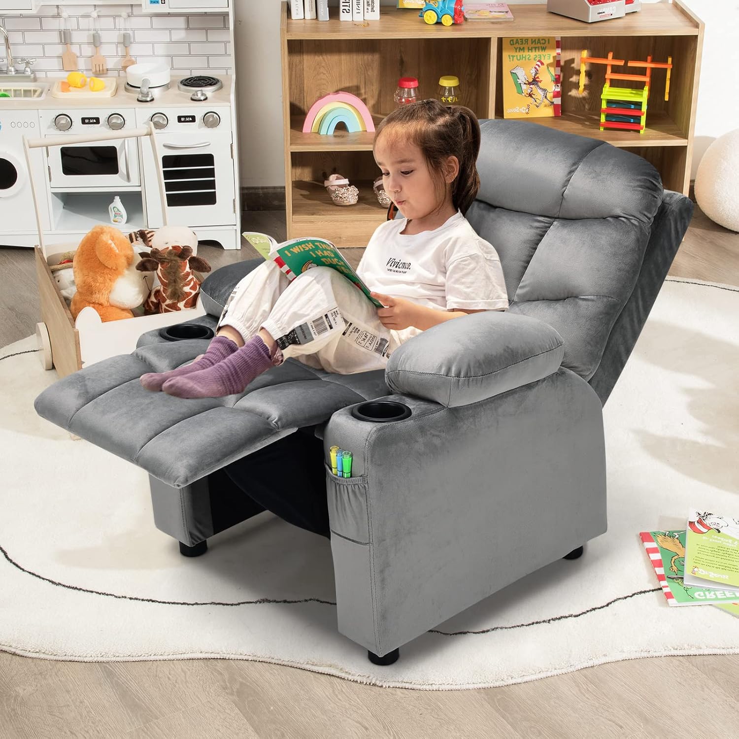 COSTWAY Larger Kids Recliner Chair, Adjustable Lounge Recliner w/ 2 Cup Holders, 1 Side Pocket, 2 Front Pockets, Footrest, Velvet Fabric Recliner for Boys & Girls, Ideal for Bedroom (Grey)