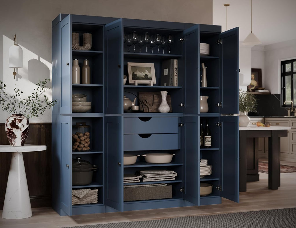 Palace Imports Solid Wood Pantry Cabinet – 71.5" Tall x 65" W - Wooden Storage Cabinet - 8 Shaker Doors, 2 Drawers, 12 Adjustable Shelves - Kitchen Cupboard - Antique Blue, 100% Eco-Friendly Pine Wood