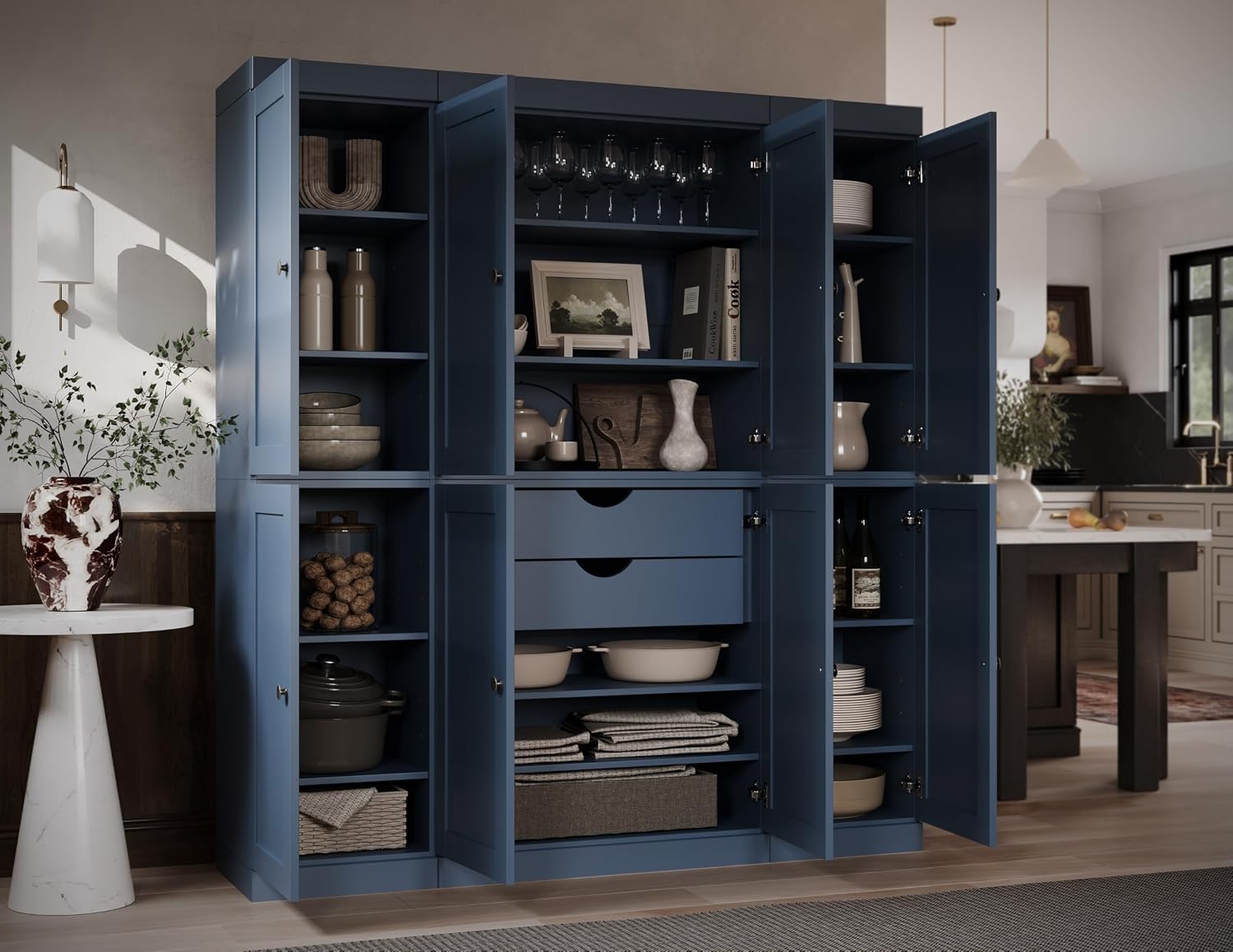 Palace Imports Solid Wood Pantry Cabinet – 71.5" Tall x 65" W - Wooden Storage Cabinet - 8 Shaker Doors, 2 Drawers, 12 Adjustable Shelves - Kitchen Cupboard - Antique Blue, 100% Eco-Friendly Pine Wood