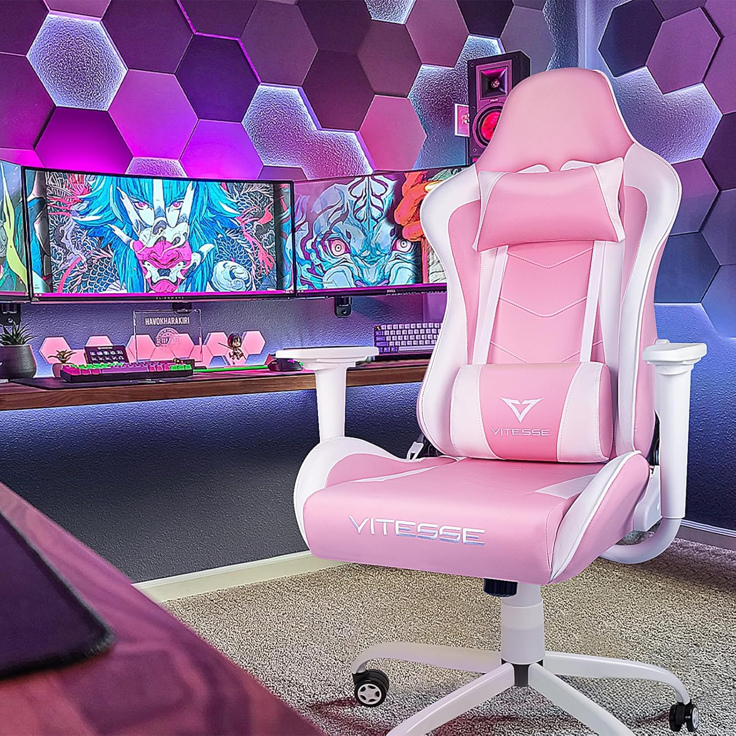 Gaming Chair High Back Gaming Chair for Teens, Ergonomic Racing Chair Computer Desk Chair with Massage Lumbar Support and Headrest, Cute Gamer Chair with Height Adjustable (Pink)