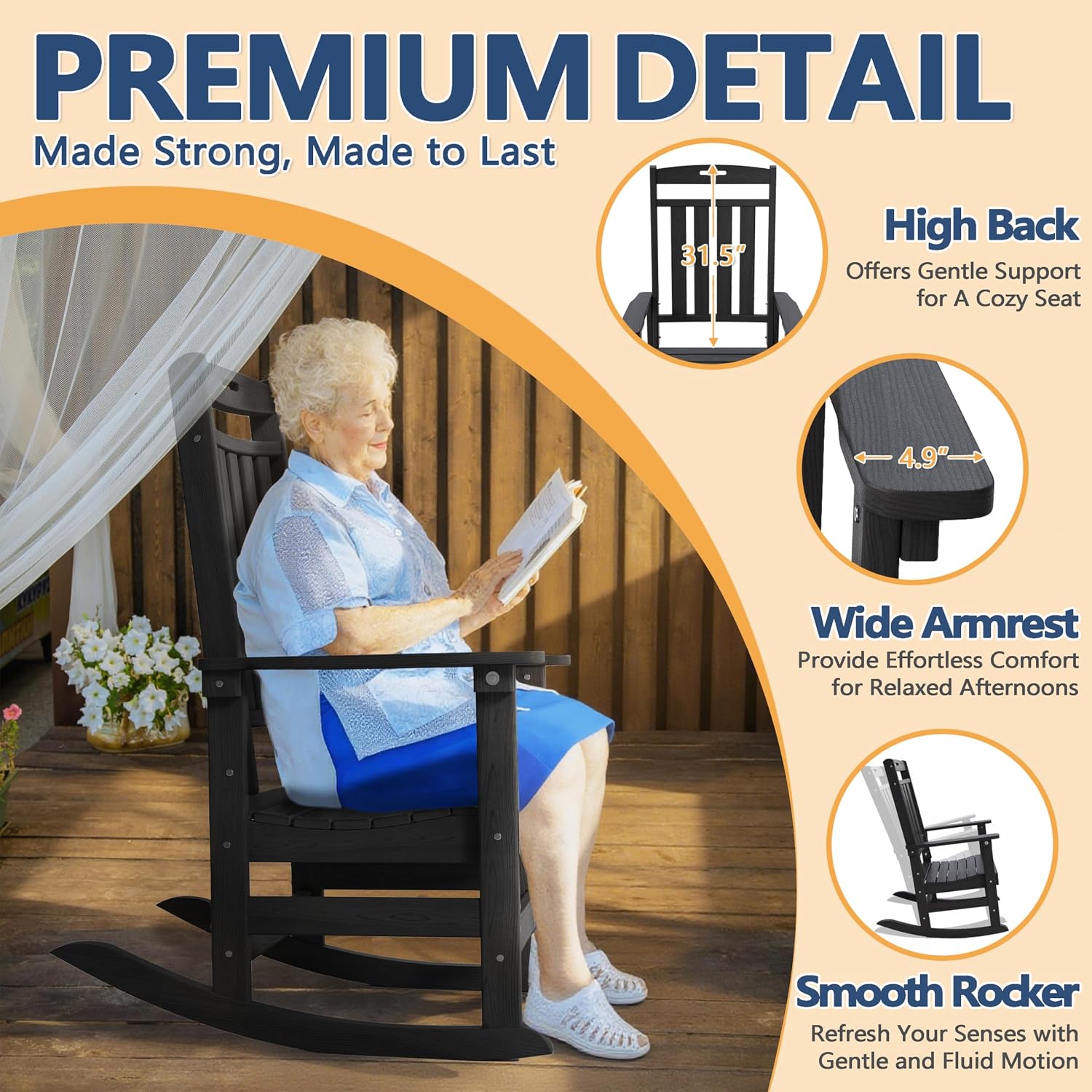 Outdoor Oversized Rocking Chairs Set of 2, HDPE All-Weather Resistant, Front Porch Rockers, Black