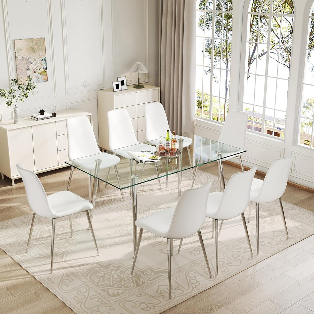 63" Glass Dining Table for 4, Rectangular Modern Kitchen Tables with Glass Tabletop and Metal Trestle Legs for Restaurants and Dining Room, Silver