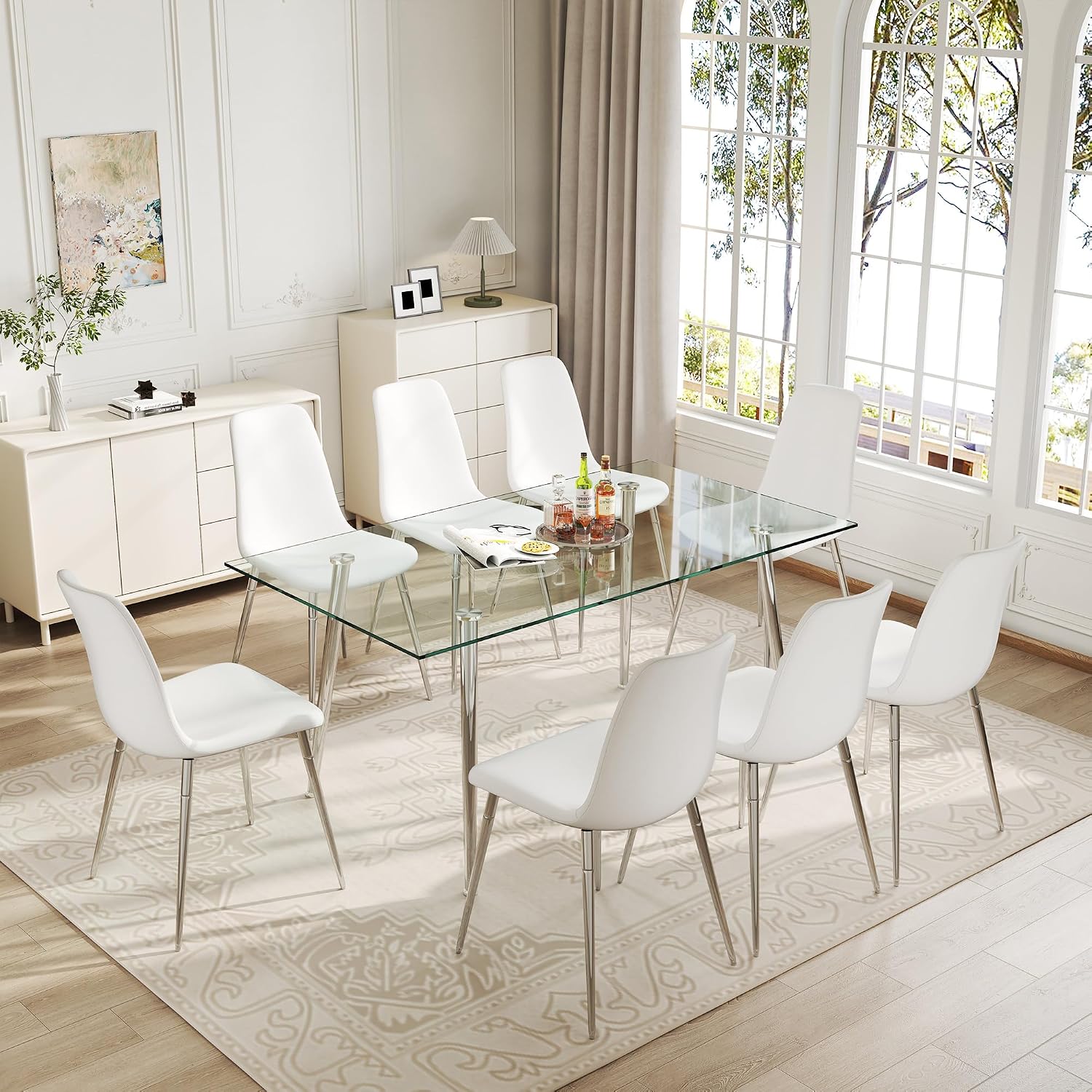 63" Glass Dining Table for 4, Rectangular Modern Kitchen Tables with Glass Tabletop and Metal Trestle Legs for Restaurants and Dining Room, Silver