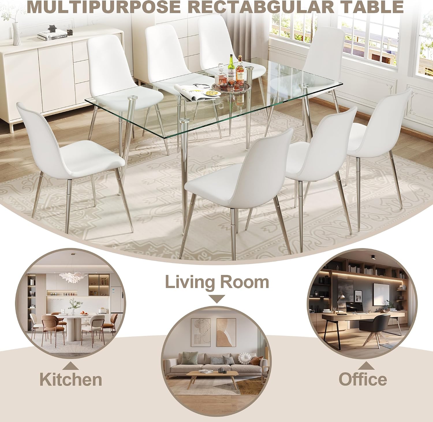 63" Glass Dining Table for 4, Rectangular Modern Kitchen Tables with Glass Tabletop and Metal Trestle Legs for Restaurants and Dining Room, Silver