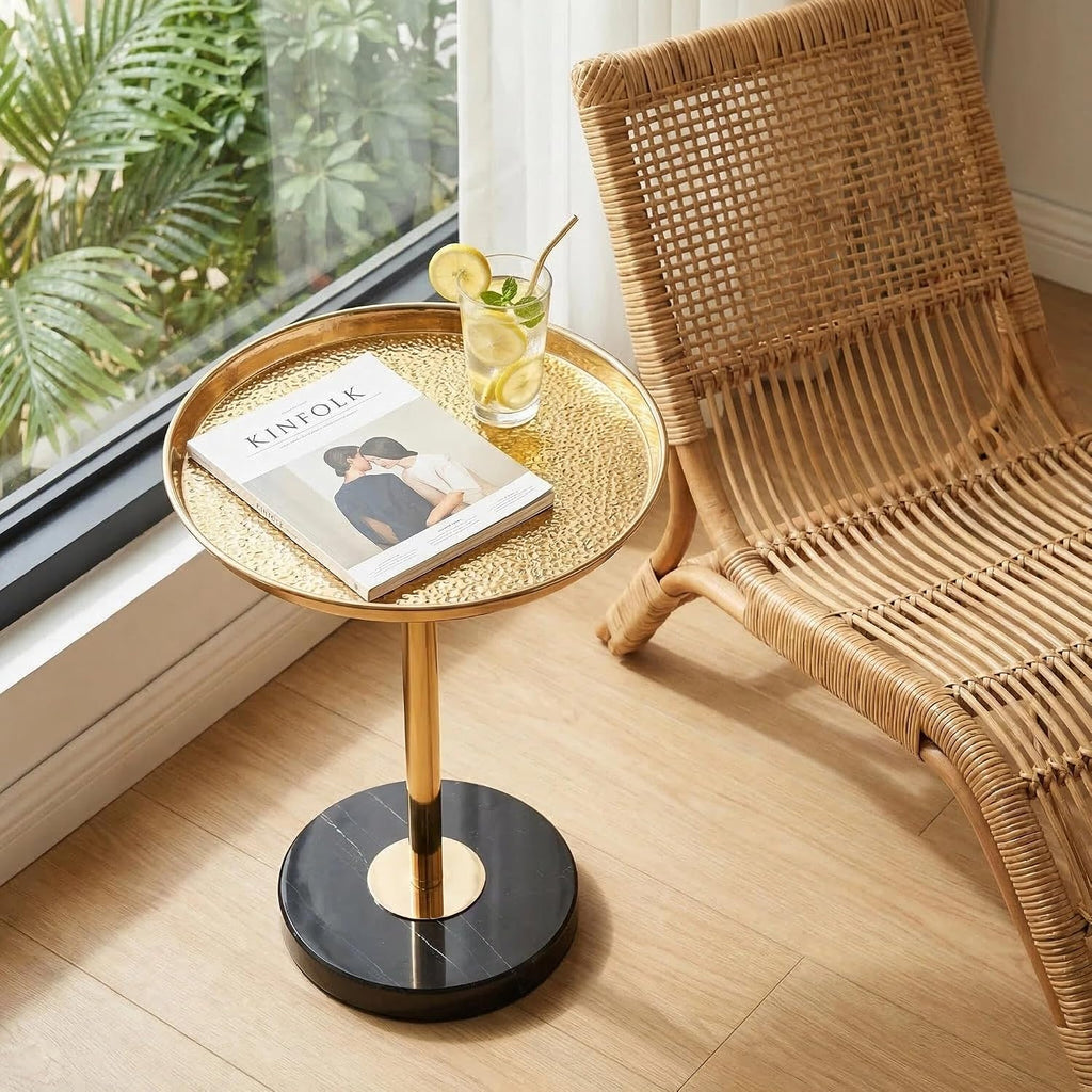 Adjustable Martini Side Table – Small Round Drink Table with Natural Marble Base, Gold Pedestal End Table with Tray Top for Living Room Sofa Bedroom Small Spaces