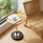 Adjustable Martini Side Table – Small Round Drink Table with Natural Marble Base, Gold Pedestal End Table with Tray Top for Living Room Sofa Bedroom Small Spaces