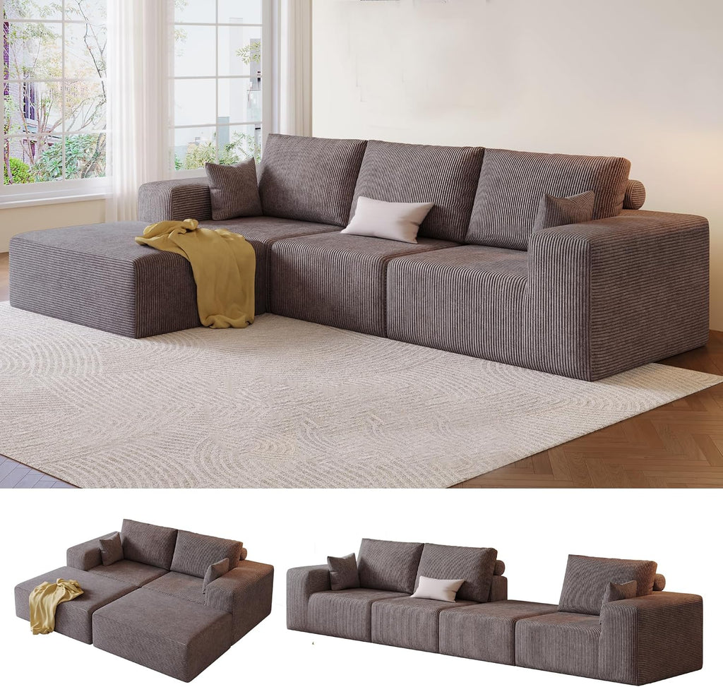 109" Modular Sectional Sofa with Ottoman - L Shaped Oversized Deep Seat Cloud Boneless Couch for Living Room, Corduroy Fabric, No Assembly Required (Brown, 1 Ottoman)
