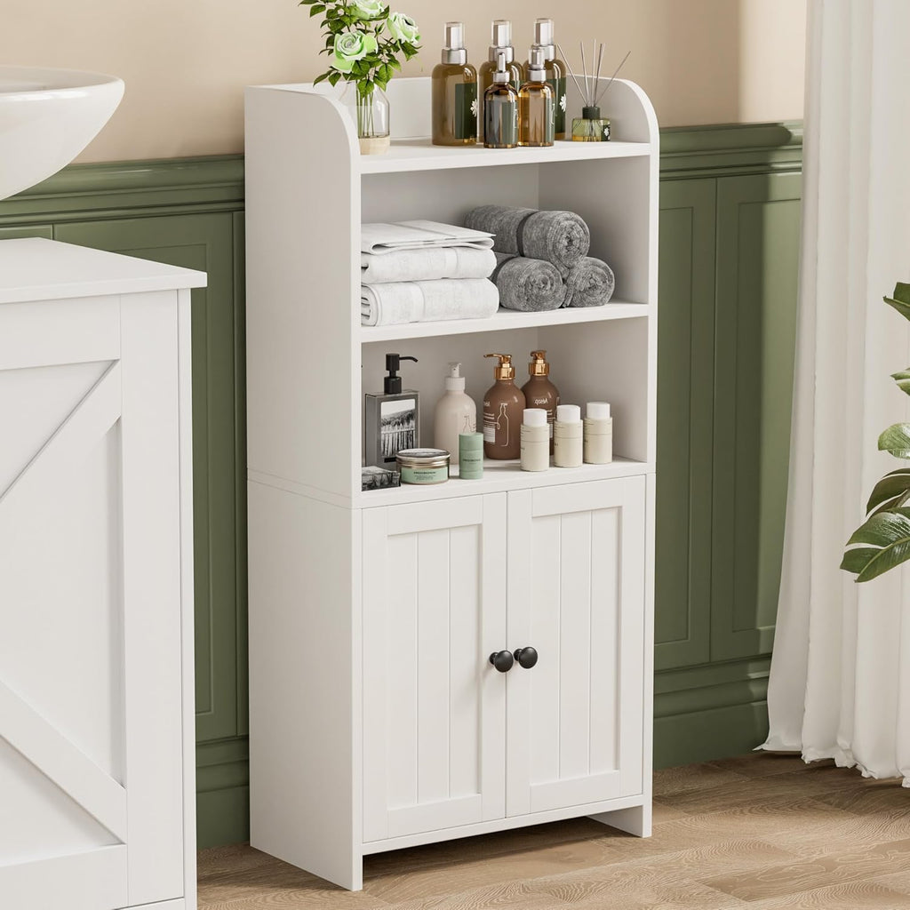 Small Bathroom Storage Cabinet, Freestanding Bathroom Cabinet and Organizer with Shelves, Small Cabinet with Doors for Bathroom, Laundry Room, 7.9" D x 14.6" W x 31" H, White