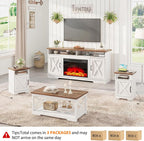 AMERLIFE 5-Piece Farmhouse Table Set Include 63" TV Stand with 26" Fireplace, 40" Coffee Table, 2 End Tables with Charging Station & USB Ports, Living Room Table Sets with Barn Door, Rustic Oak&White