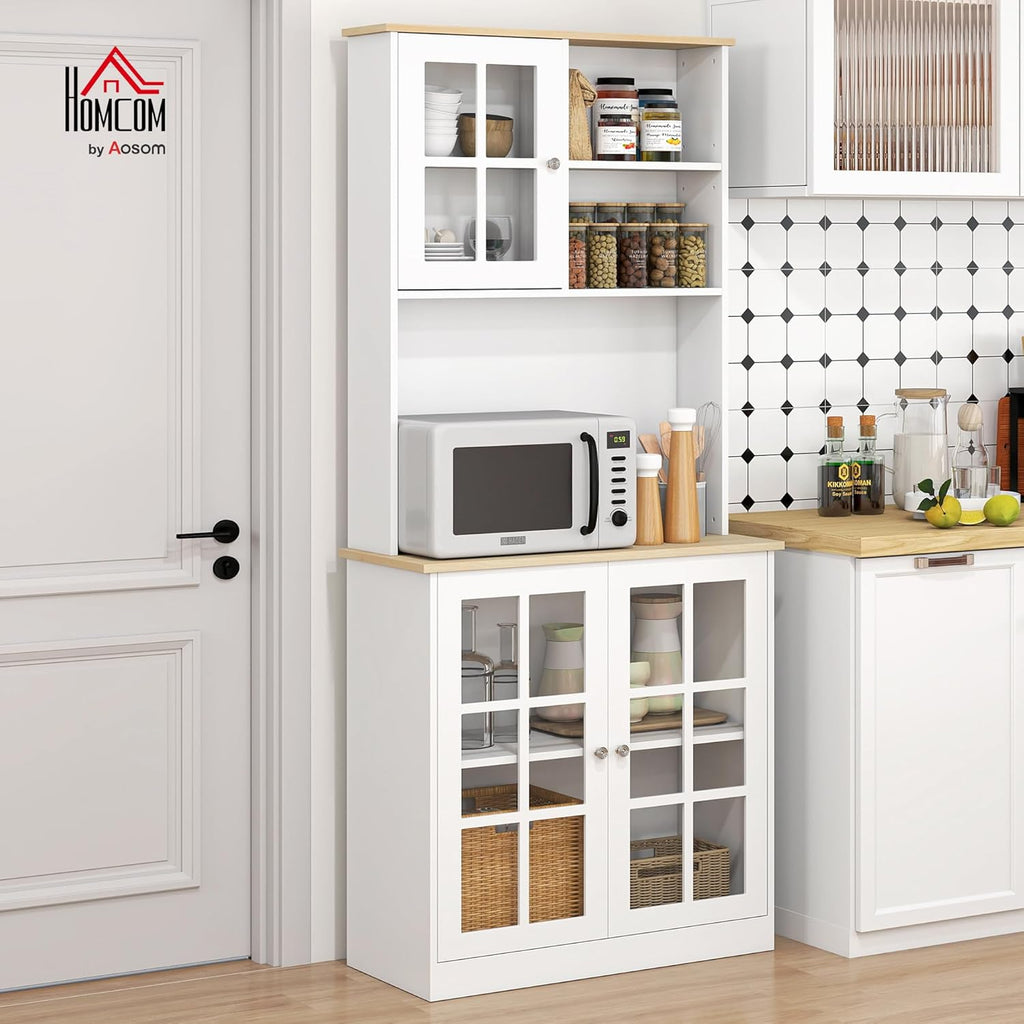 HOMCOM Kitchen Pantry Storage Cabinet, 72" Freestanding Cabinet with Hutch, Large Countertop, Glass Doors and Adjustable Shelves for Dining Room, Off White