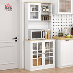 HOMCOM Kitchen Pantry Storage Cabinet, 72" Freestanding Cabinet with Hutch, Large Countertop, Glass Doors and Adjustable Shelves for Dining Room, Off White