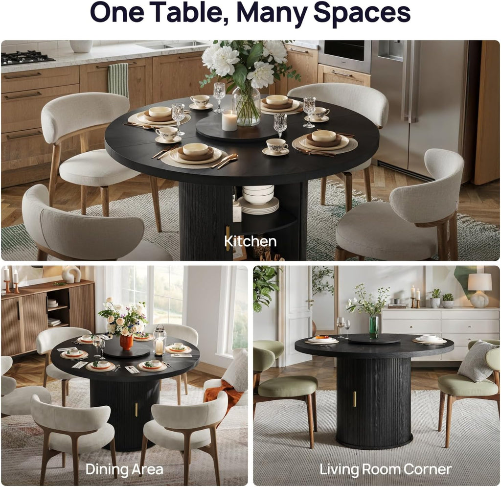 47" Round Dining Table for 6 with Storage (Table Only), Sleek Black Wood Grain, Modern Fluted Ribbed Pedestal, Hidden Cabinet & Lazy Susan, Minimalist Design