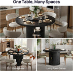47" Round Dining Table for 6 with Storage (Table Only), Sleek Black Wood Grain, Modern Fluted Ribbed Pedestal, Hidden Cabinet & Lazy Susan, Minimalist Design
