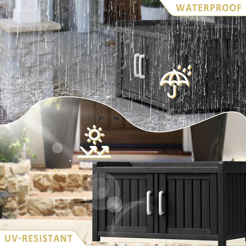 Storage Bench - 2 Doors Waterproof Resin Shoe Bench with Adjustable Shelves - Indoor & Outdoor Use, Entryway Bench with Seating for Bedroom, Living Room, Hallway - Black