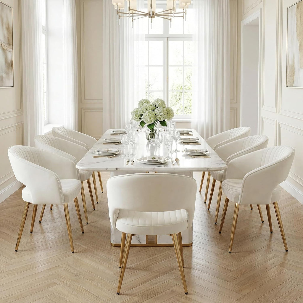 Velvet Dining Chairs Set of 4, Upholstered Dining Room Chairs with Gold Metal Legs, Modern Accent Kitchen Chairs with Curved Backrest for Living Room, Beige