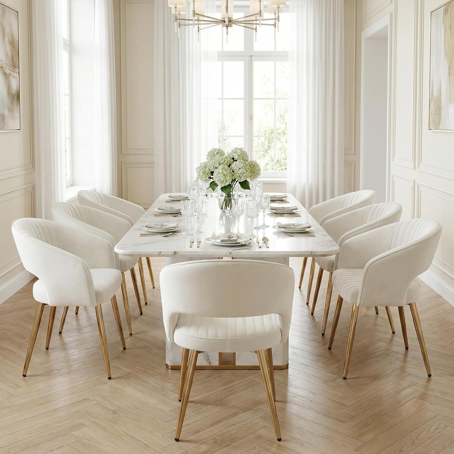 Velvet Dining Chairs Set of 4, Upholstered Dining Room Chairs with Gold Metal Legs, Modern Accent Kitchen Chairs with Curved Backrest for Living Room, Beige