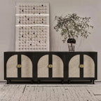 Modern Rattan Storage Sideboard Cabinet, Black Wood Buffet with Magnetic Latch, Adjustable Shelf. [2Pcs, Black]