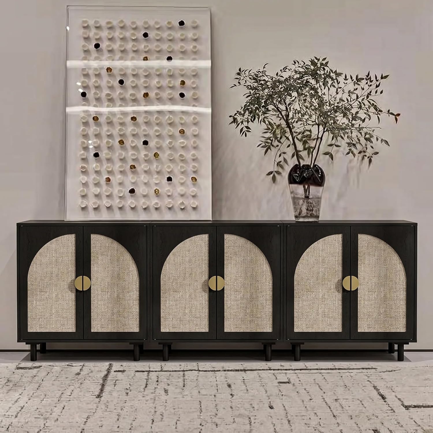 Modern Rattan Storage Sideboard Cabinet, Black Wood Buffet with Magnetic Latch, Adjustable Shelf. [2Pcs, Black]